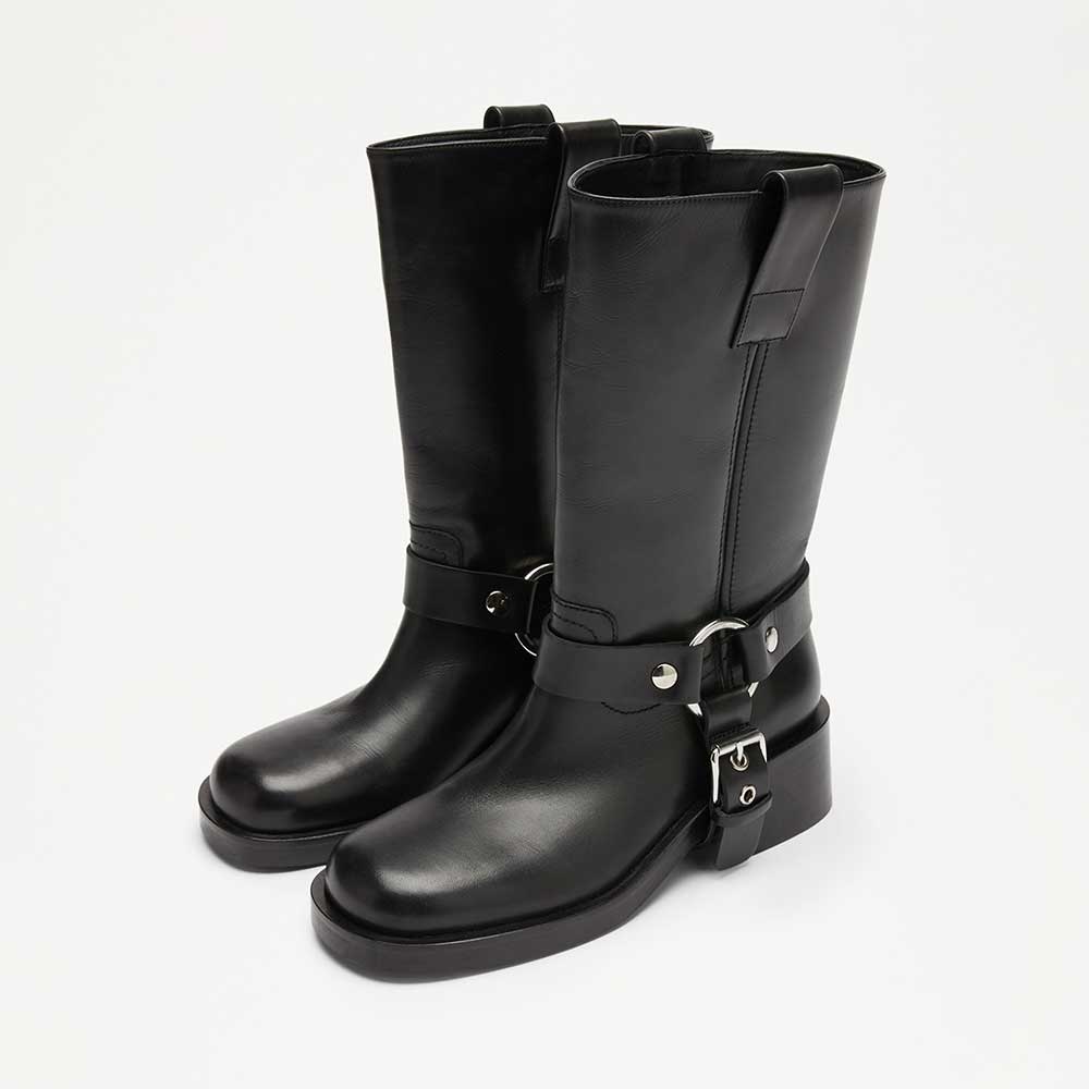 Stylish Black Chunky Heel Ring Buckle Detail Biker Mid-Calf Boots Nicepairs