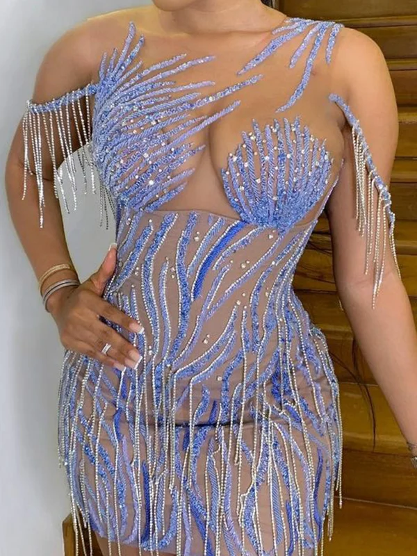 Sexy Sleeveless U-Neck See-Through Shiny Tasseled Wrap Mini Dress