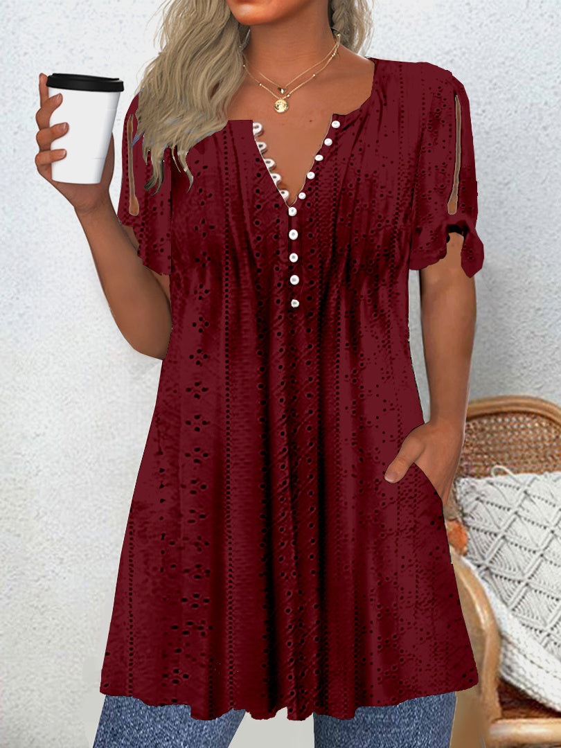Women's Short Sleeve V-neck Solid Color Lace-up Buttons Tops