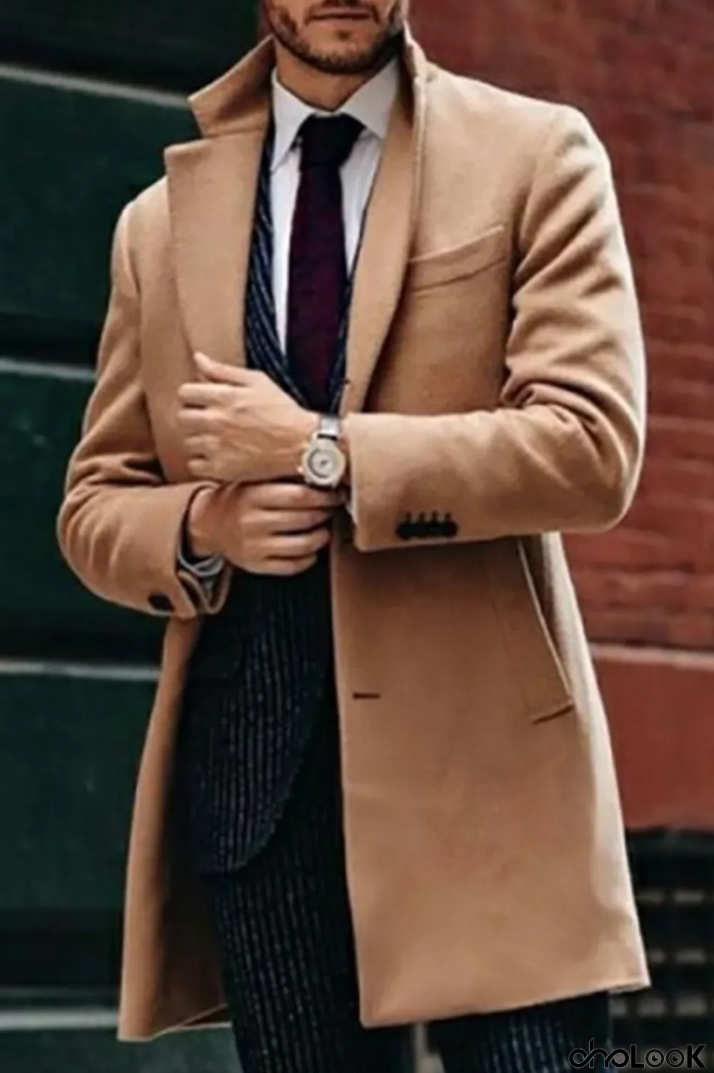 Khaki Fashion Solid Pocket Buckle Turndown Collar Outerwear