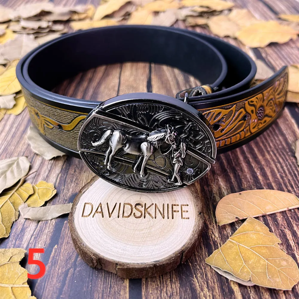 Classic Longhorn Tooled Belt - Dark Brown