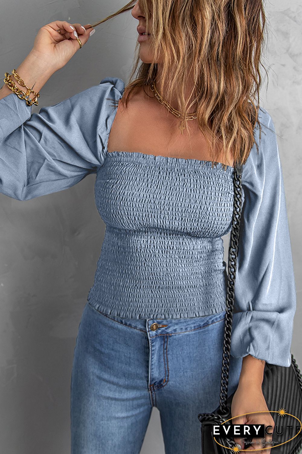 Sky Blue Puff Sleeve Smocked Top