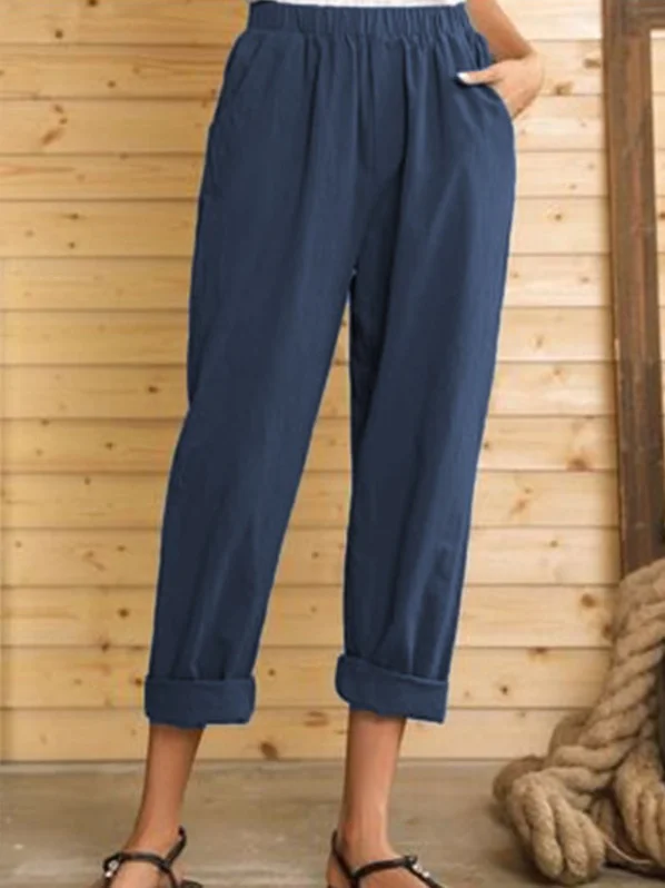 Pocket Solid Color Comfortable Fashion Cotton Linen Casual Pants Straight Leg Pants