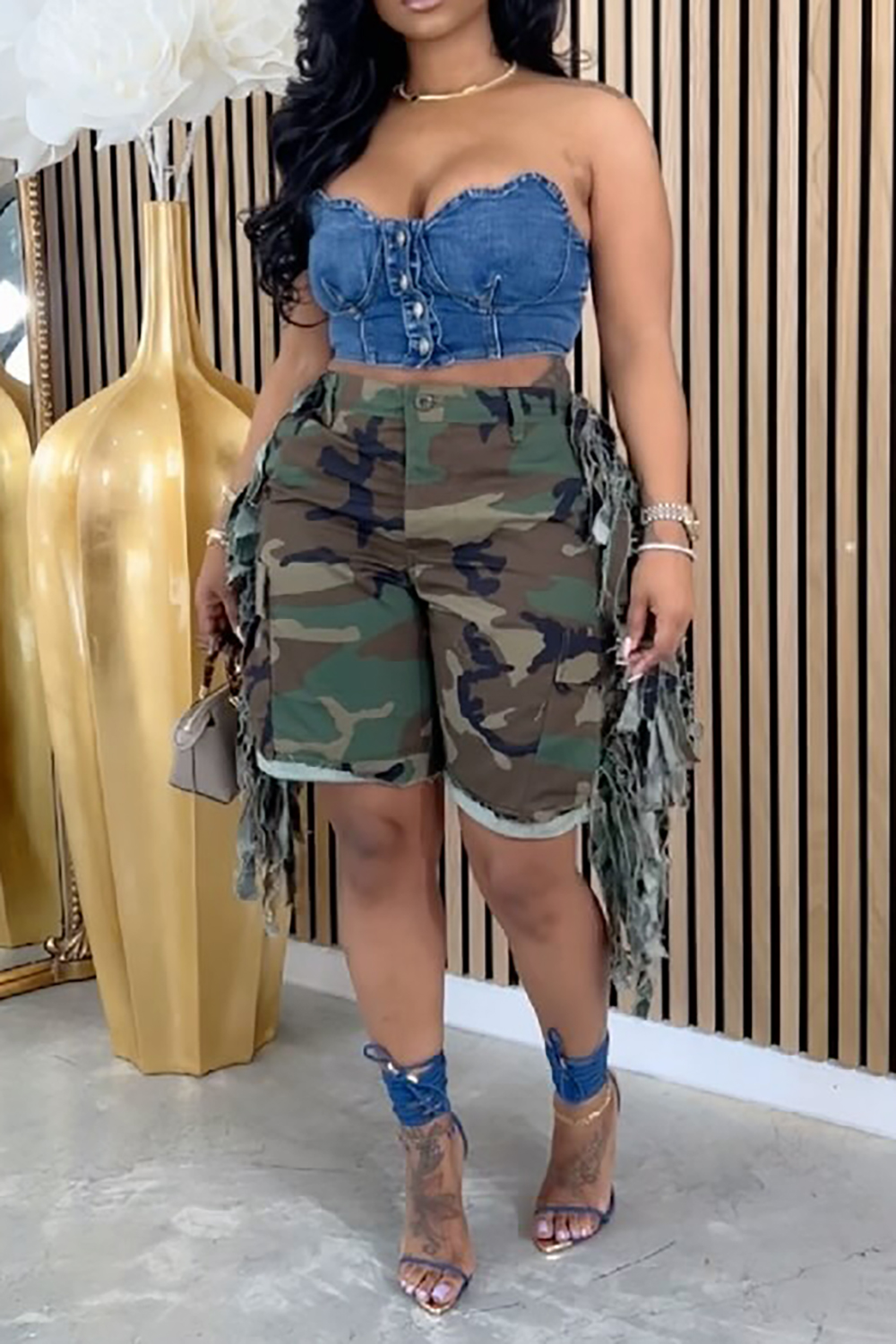 Plus Size Daily Camo Fringe Denim Short [Pre-Order]