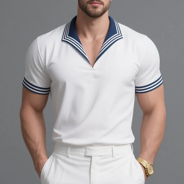 Okaywear Navy Striped Collar Short Sleeve Shirt 