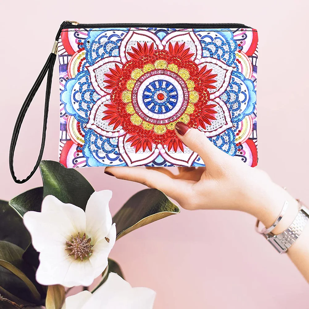 DIY Mandala Diamond Art Cosmetic Bag Flowers Single Sided PU Women Clutch