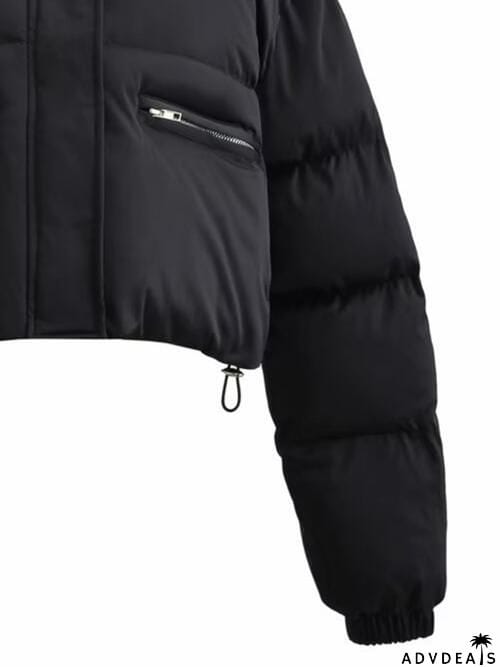 Snap and Zip Closure Drawstring Cropped Winter Coat