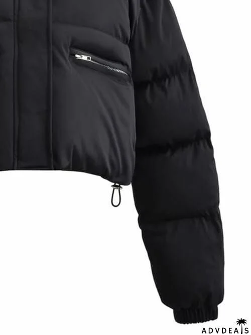 Snap and Zip Closure Drawstring Cropped Winter Coat