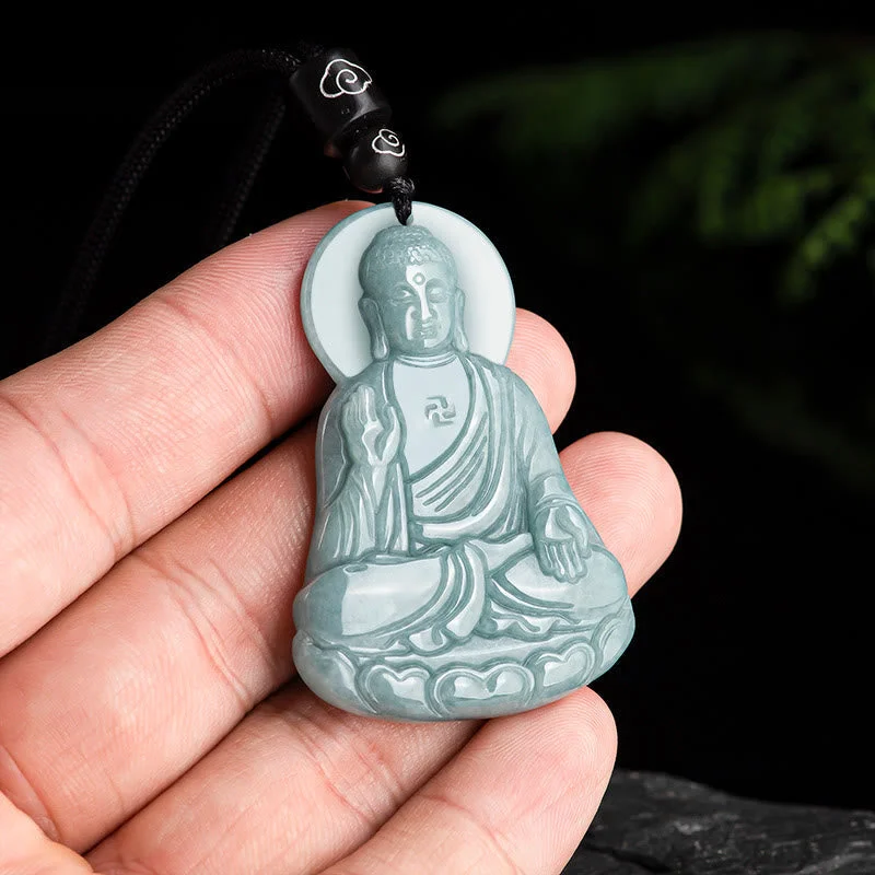 Amitabha Buddha Natural Jade Lotus Amulet Compassion String Necklace Pendant