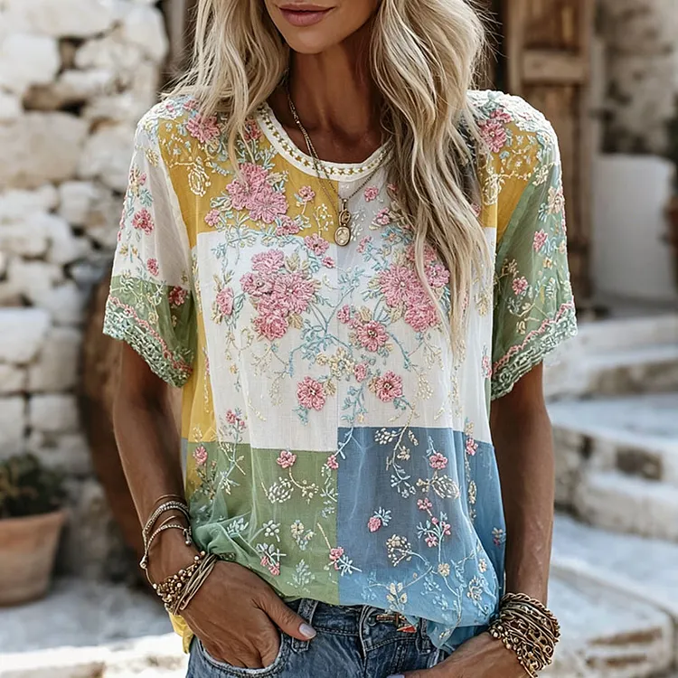 Women's Floral Art Embroidery Color Block Casual Cotton Linen T-shirt