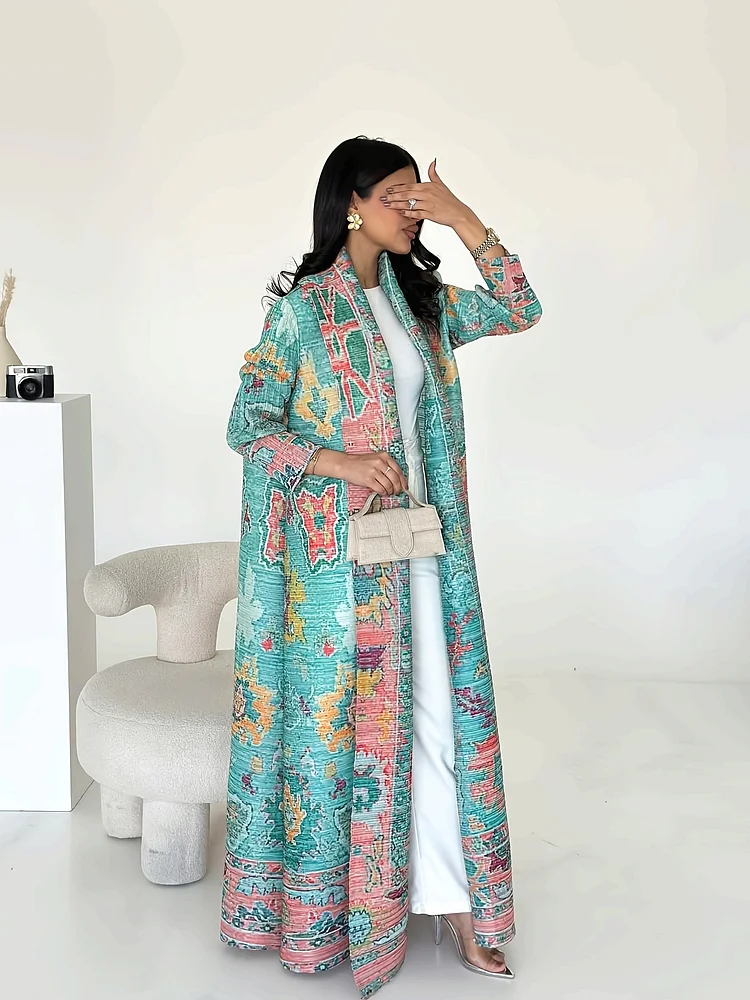 Vibrant Geometric Print Long Sleeve Miyake Abaya Kaftan Dress - Elegant Tie-Waist Design, High Stretch Polyester Fabric, Perfect For Spring/Summer/Fall Formal Occasions, Everyday Elegant Wear | Chic Modern Design | Unique Pleated Detail
