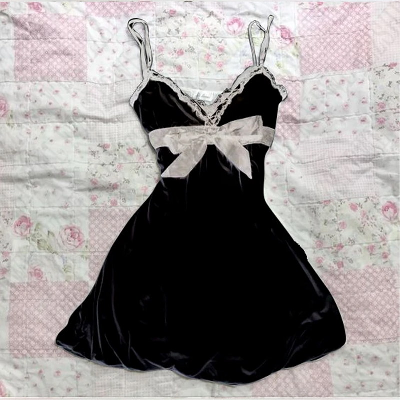 Aonga Solid color bow decoration dress fashion lace edge casual Y2K top emotional girl urban beauty chic slim sweet street women dress aonga