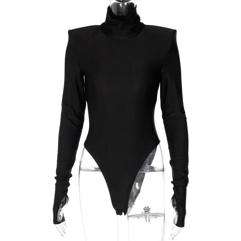 Women's Newest Fashion Slim Tight Turtleneck Shoulder Pad Long Sleeve Rompers Jumpsuits Bodysuit 