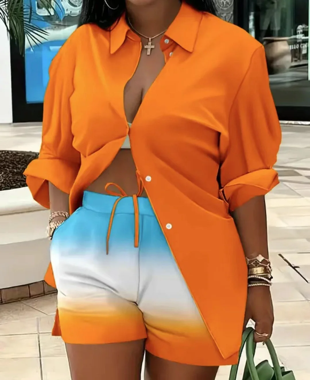 Uveng Uveng Women's Clothing Explosion Two Sets Of Long-Sleeved Shorts Printed Commuter Set