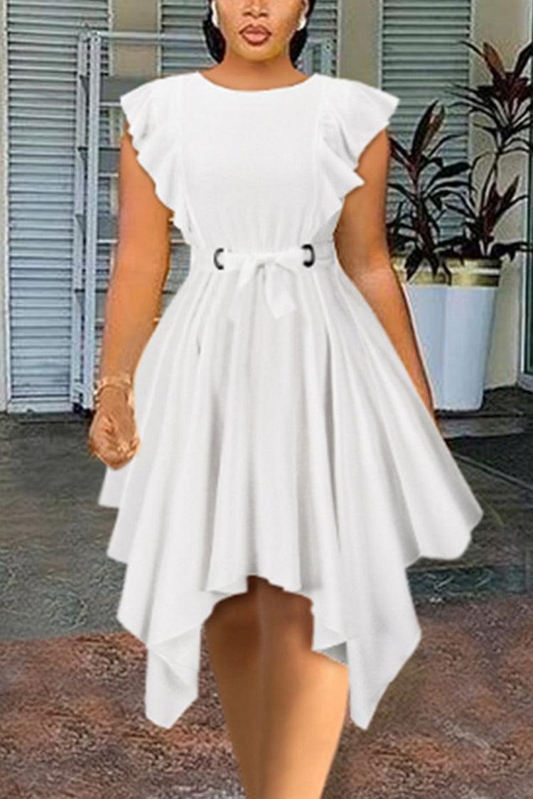 Xpluswear Plus Size Formal Solid Ruffle Sleeves Pleated Irregular High Low Midi Dresses