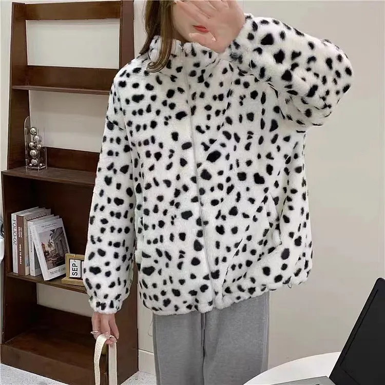Women Dalmatian Coat plus Size Women's Printed Women's Winter Stand Collar Coat