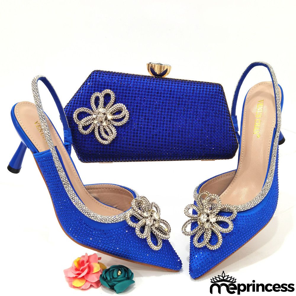 Women Fashion Pointed Toe Floral Rhinestone Sandals With Floral Evening Bag Set