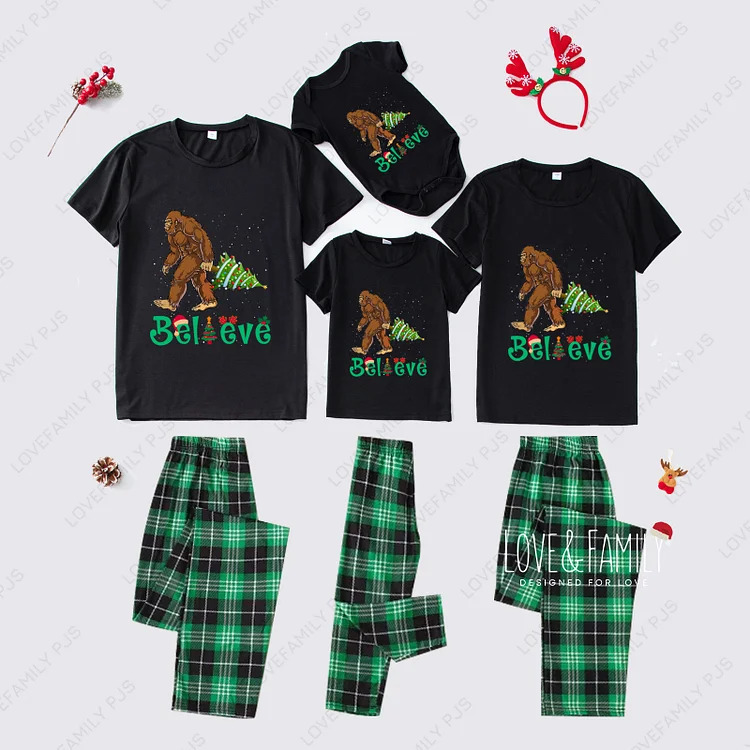 Believe BigFoot Christmas Family Short Sleeve Green Pajamas Sets