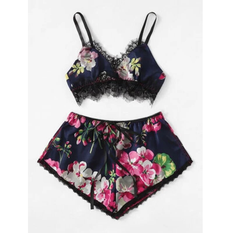 Uveng Women's Sexy Lingerie Satin Sets Summer Sleeveless Floral Crop Tops Shorts Sexy Sleepwear Babydoll Nightdress Pajamas Set
