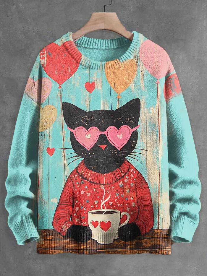 Men's Heart Shaped Sunglasses Black Cat Drinking Coffee Heart Balloon Valentine's Day Art Print Knit Sweatshirt
