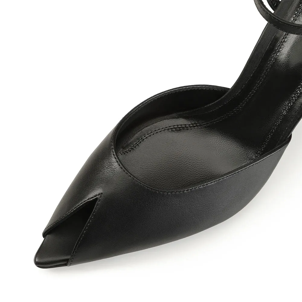 Stylish Black Faux Leather Ankle Strap Buckle Peep Toe Heels