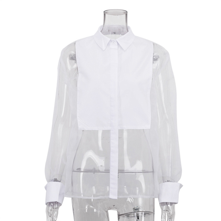 Ootddress Mesh See-Through Fashion Shirts Women Patchwork Sheer Solid Lapel Crop top Casual Long Sleeve High Waist Female Blouse