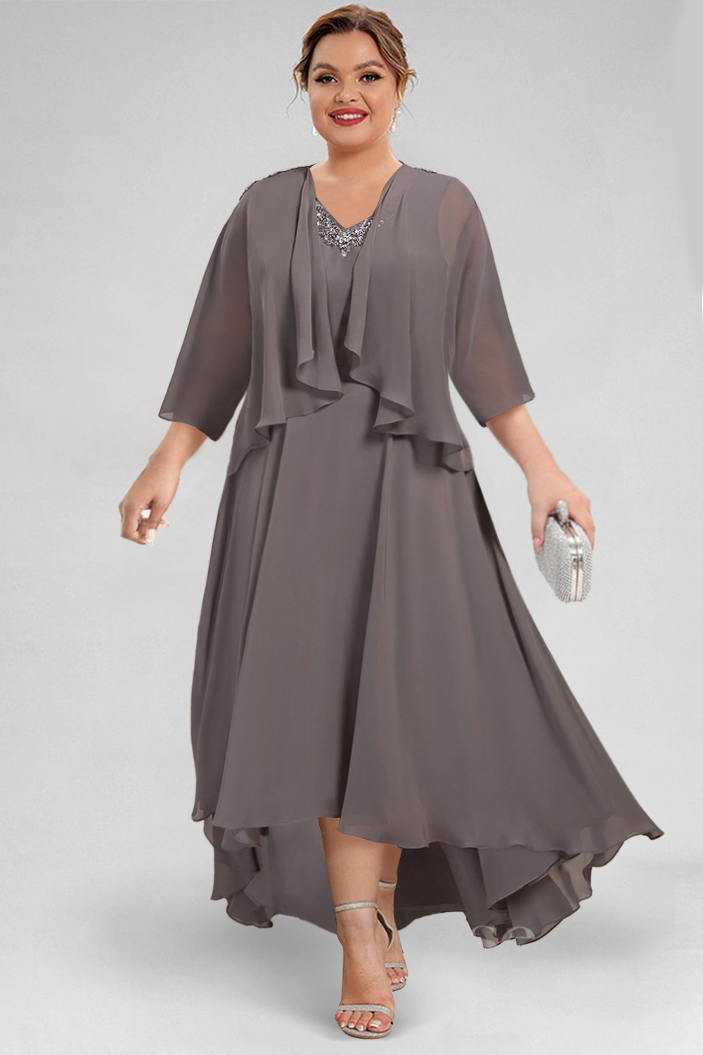 Flycurvy Plus Size Semi Formal Taupe Chiffon Drilling Two Pieces Maxi Dress With Jacket 2024 - Flycurvy 