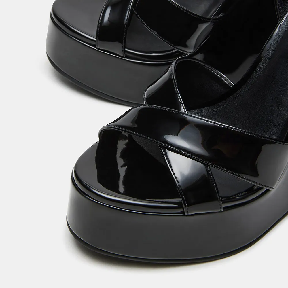 Black Patent Leather Ankle Strap Open Toe Platform Wedge Sandals