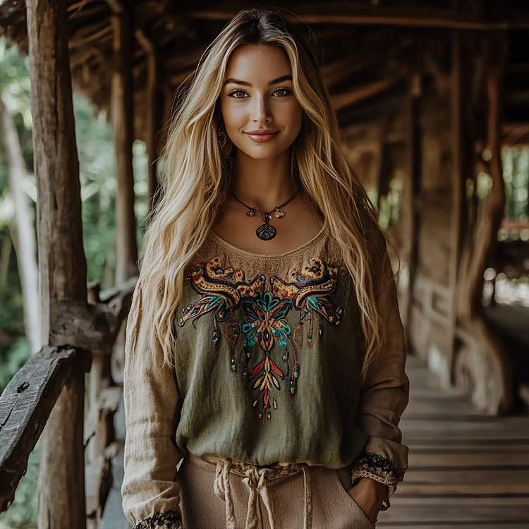 Bohemian Embroidered Floral Linen Blend Loose Blouse