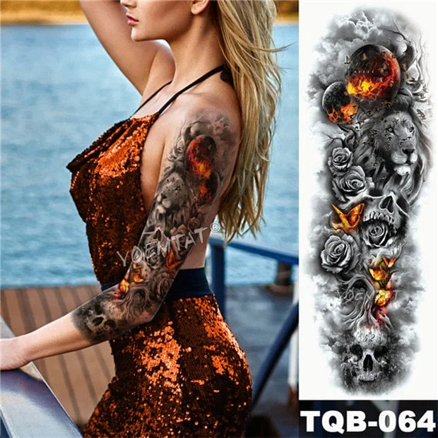 Large Arm Sleeve Tattoo Sketch Lion Tiger Waterproof Temporary Tatoo Sticker Wild Fierce Animal Men Full Bird Totem Tatto