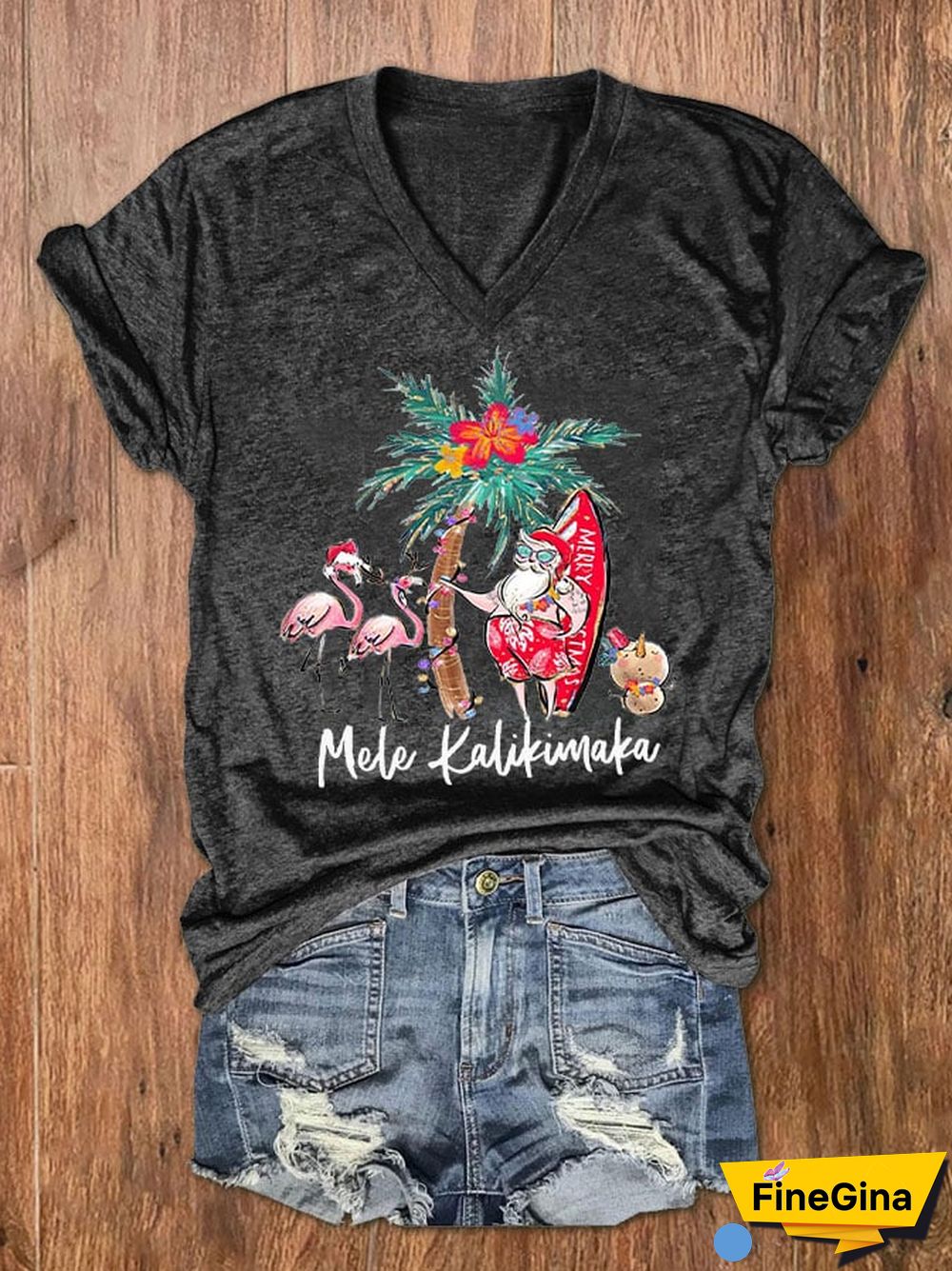Women's Mele Kalikimaka Hawaii Christmas Print V-Neck T-Shirt