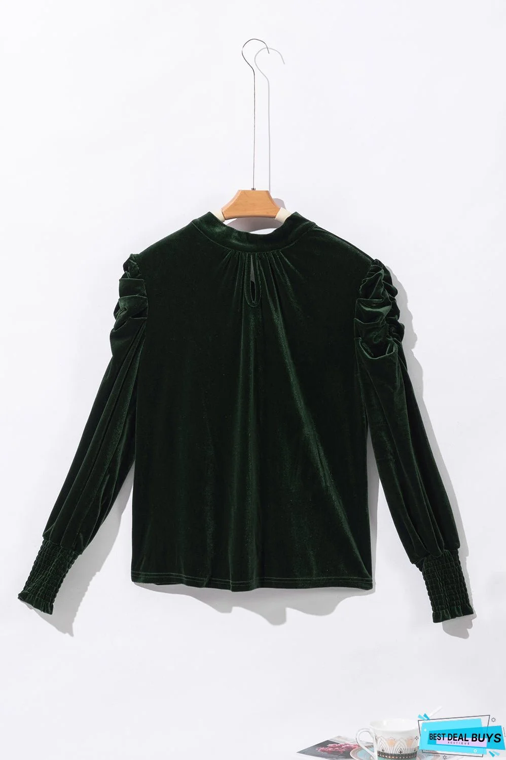 Mock Neck Puff Sleeve Velvet Blouse