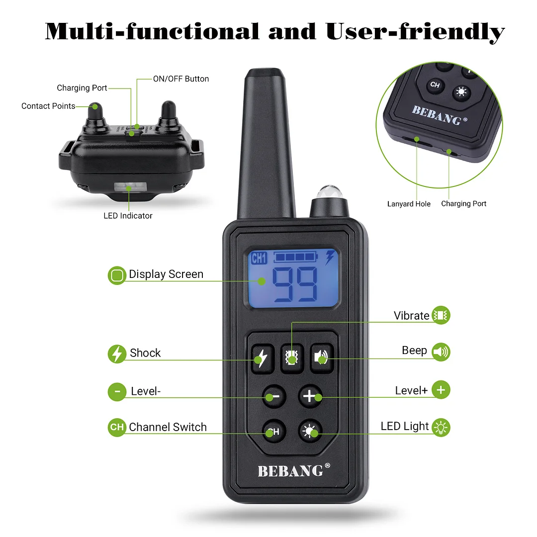 BEBANG Dog Training Collars for 2 Dogs, with Remote 880yards, 3 Modes Beep Vibration Shock, IPX7 Waterproof, LED Light, USB Charging,for Training Small Medium Large Dogs