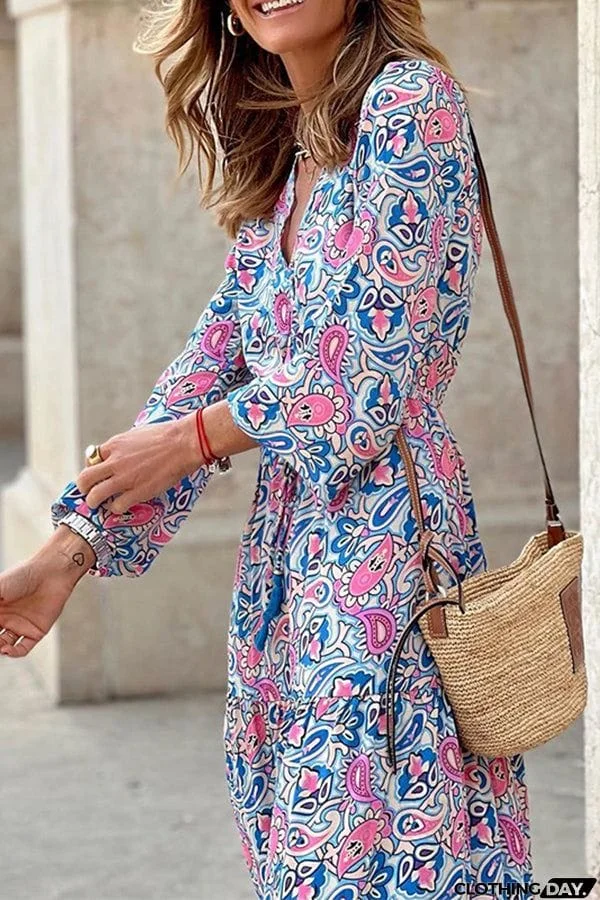 Boho Paisley V Neck Long Sleeve Maxi Dress