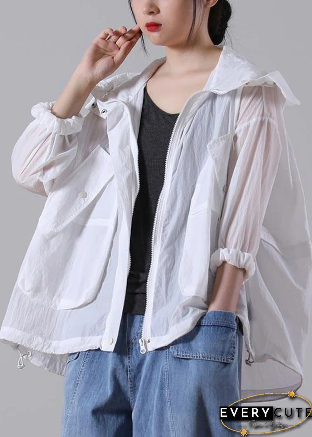 Plus Size White Pocket UPF 50+ Coat Jacket Hoodies Outwear Summer