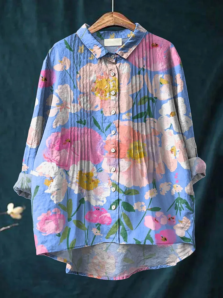 Women's Vintage Floral Art Print Casual Cotton And Linen Ruffle Shirt