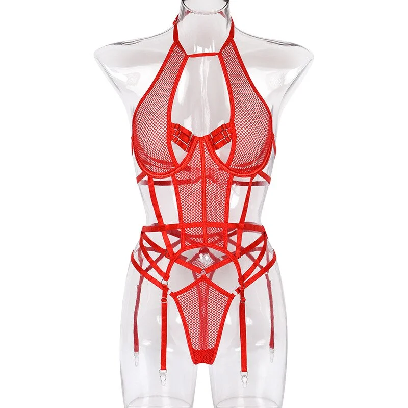 MIRABELLE Sexy Lingerie Mesh Exotic Costumes See Through Halter Bodysuit Woman Erotic Apparel Porn Body Sex Outfit with Thongs