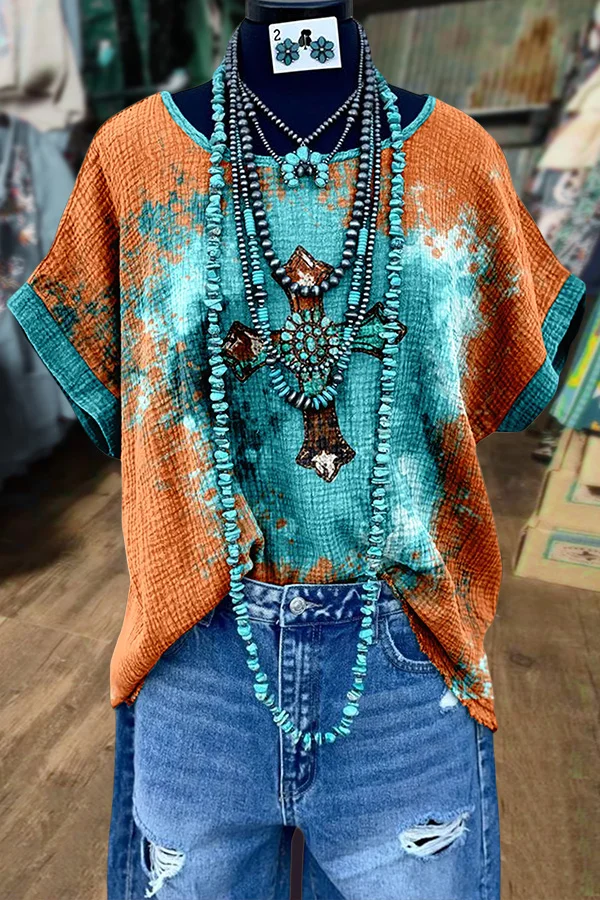 Vintage Cross Print Dolman Sleeve Top