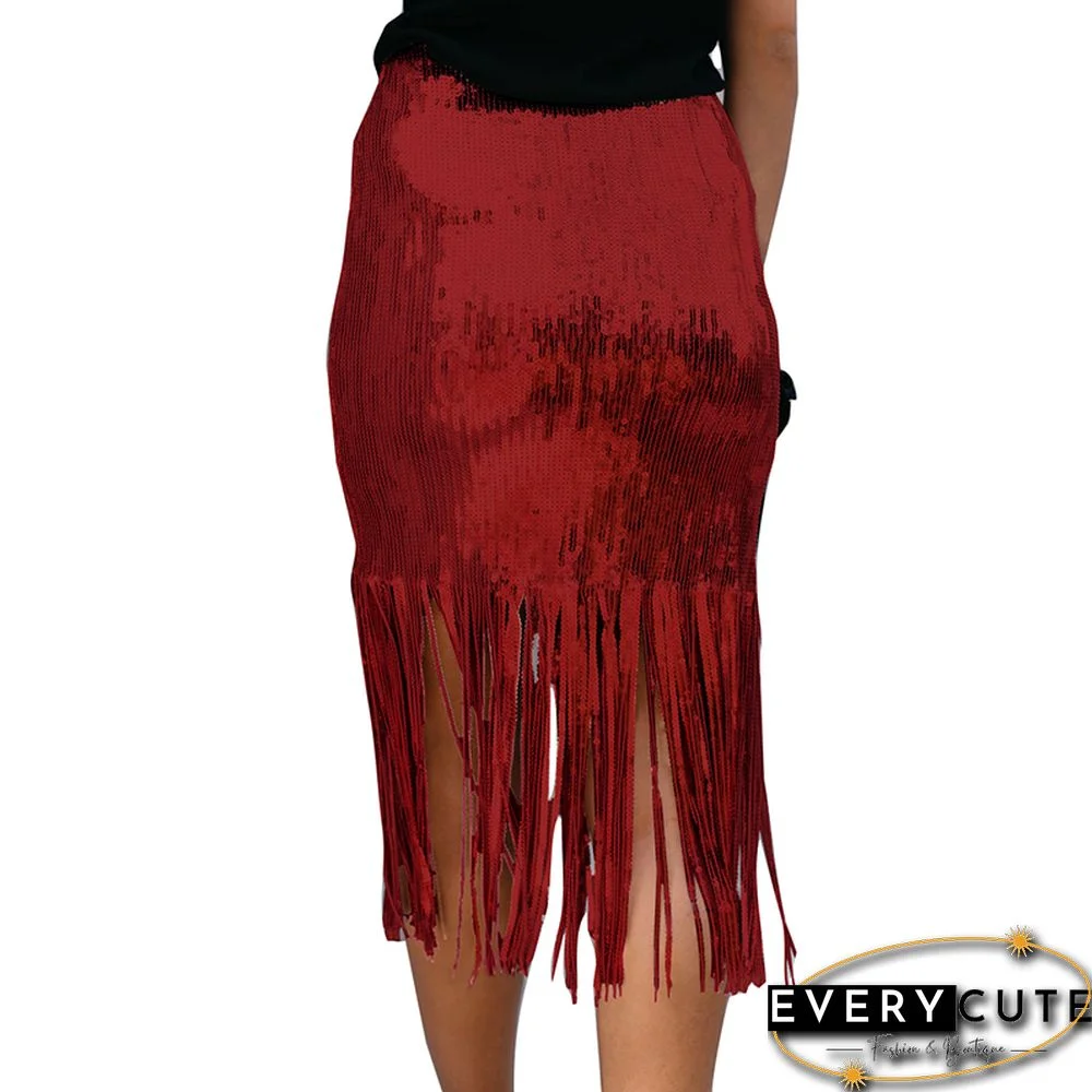 Red High Waist Tassel Skirt