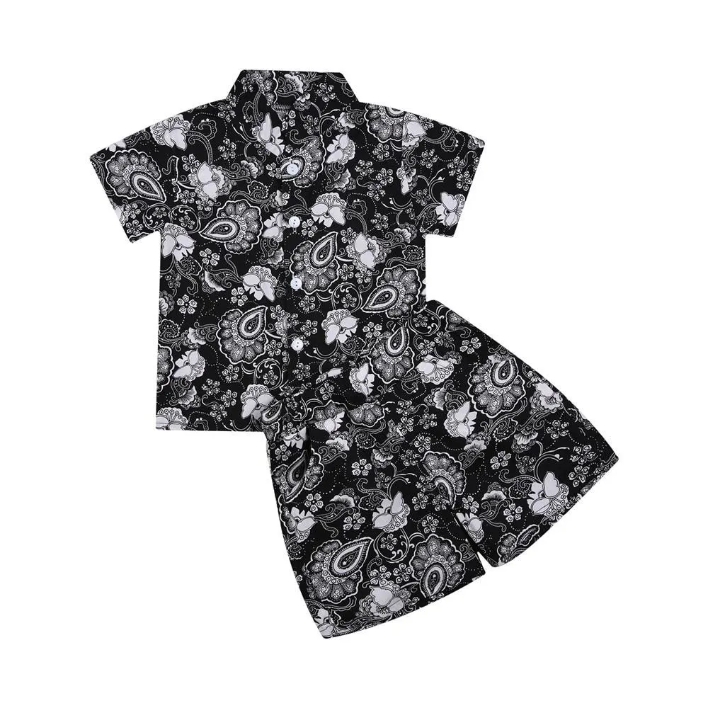 Infant Kids Boy Two Piece Set, Children's Lapel Short Sleeve Printed Shirt Elastic Waistband Shorts for Baby Summer