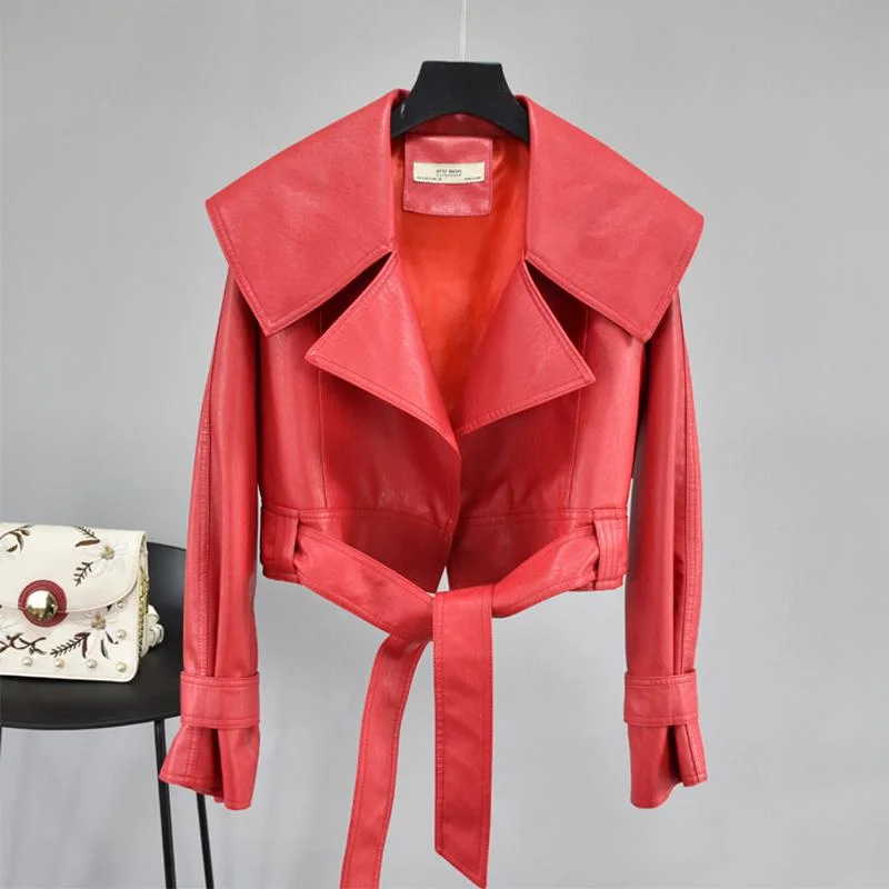 FTLZZ Autumn Women Pu Leather Jackets Short Coat Turndown Collar Belt Lace-up Motorcycle Black Punk Red Overcoat Female Outwear