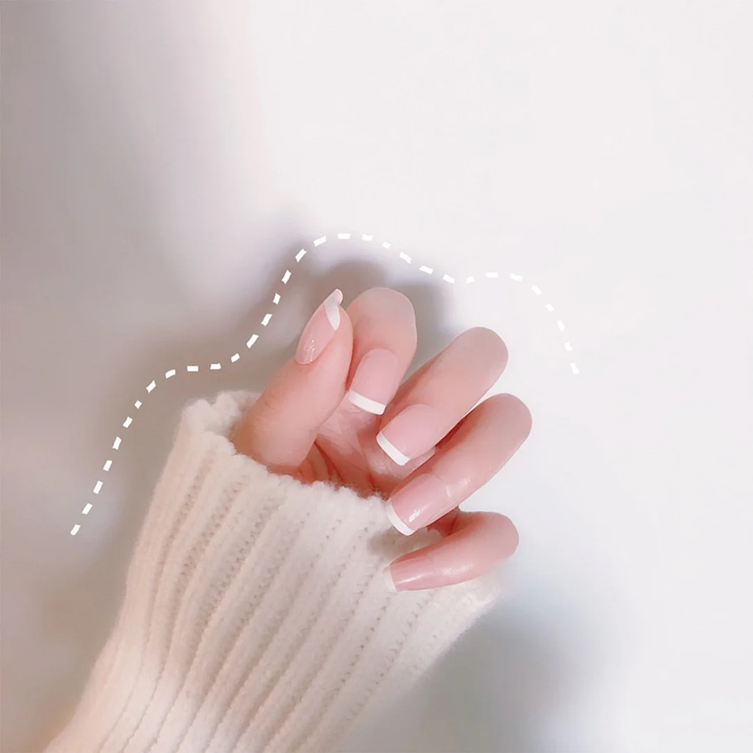 24Pcs Naked Pink French White Side False Nails Short Simple Nail Beauty Press on Fake Nails Full Cover Artificial Nails Tips-Nail Inspo