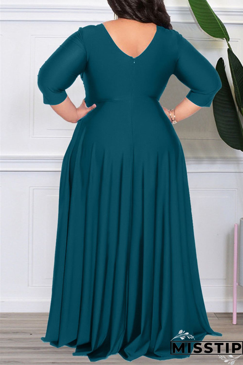 Dark Purple Casual Solid Patchwork V Neck Long Sleeve Plus Size Dresses