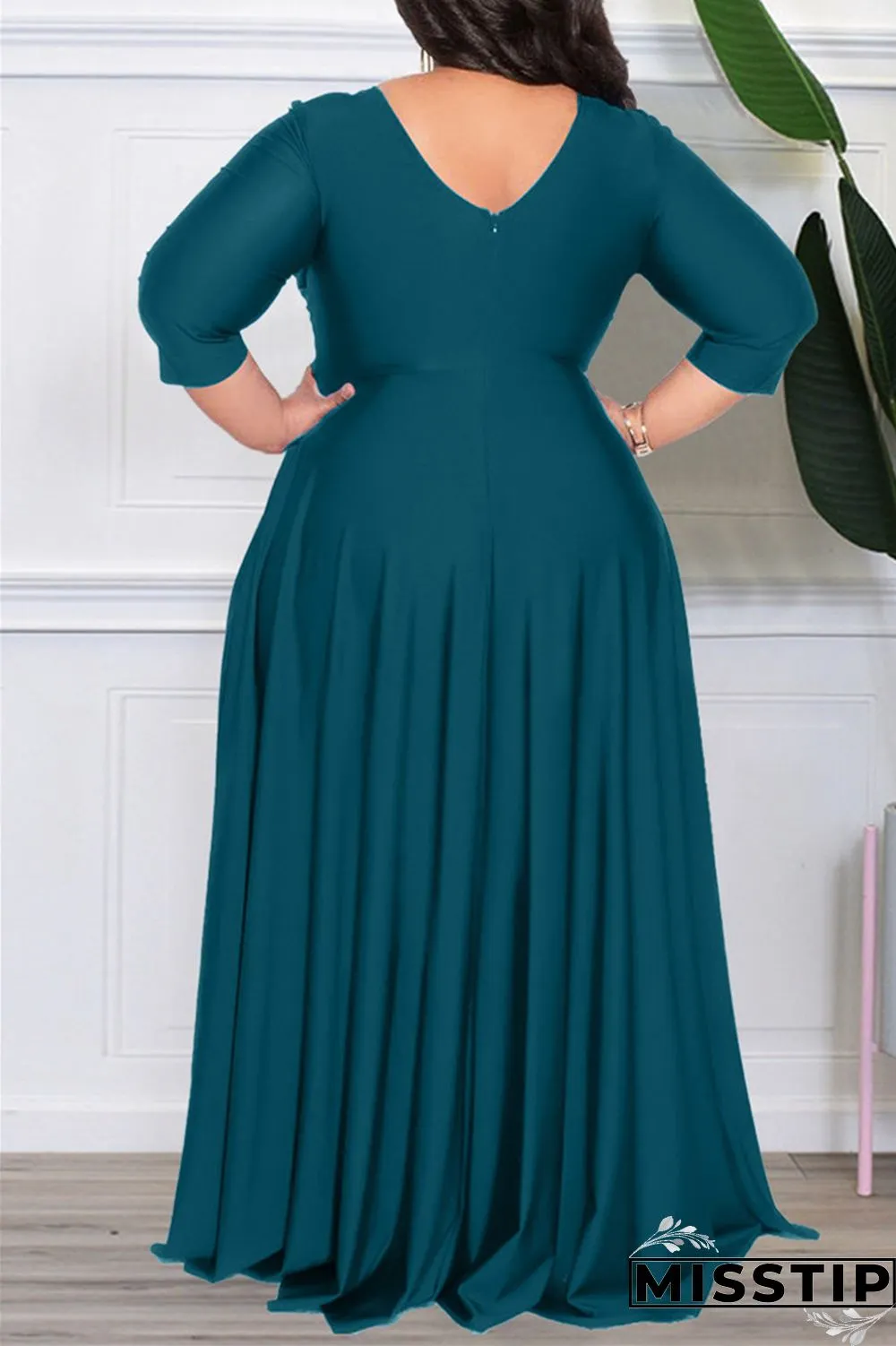 Dark Purple Casual Solid Patchwork V Neck Long Sleeve Plus Size Dresses