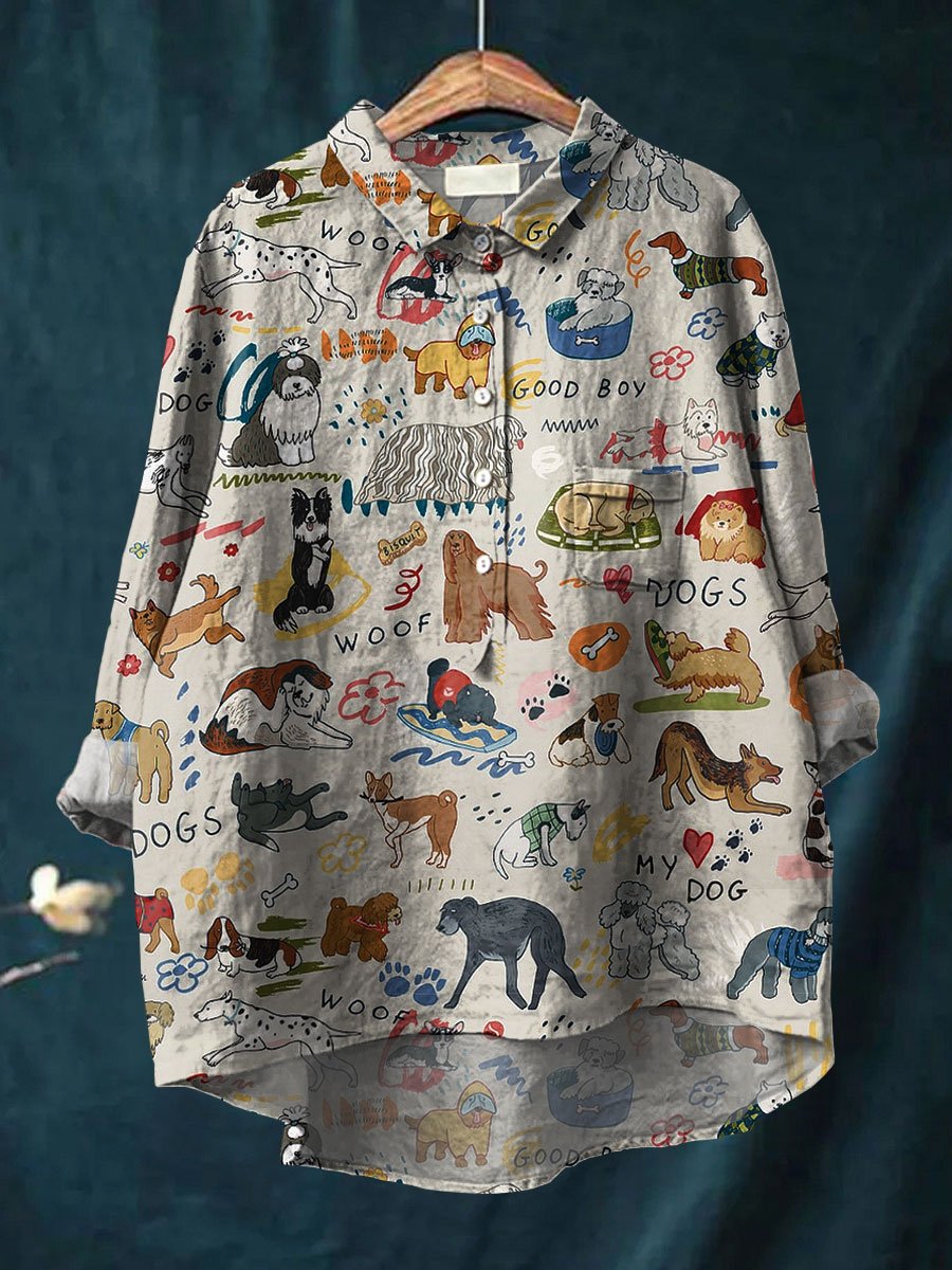 Women's Cute Dog Art Print Casual Cotton And Linen Shirt
