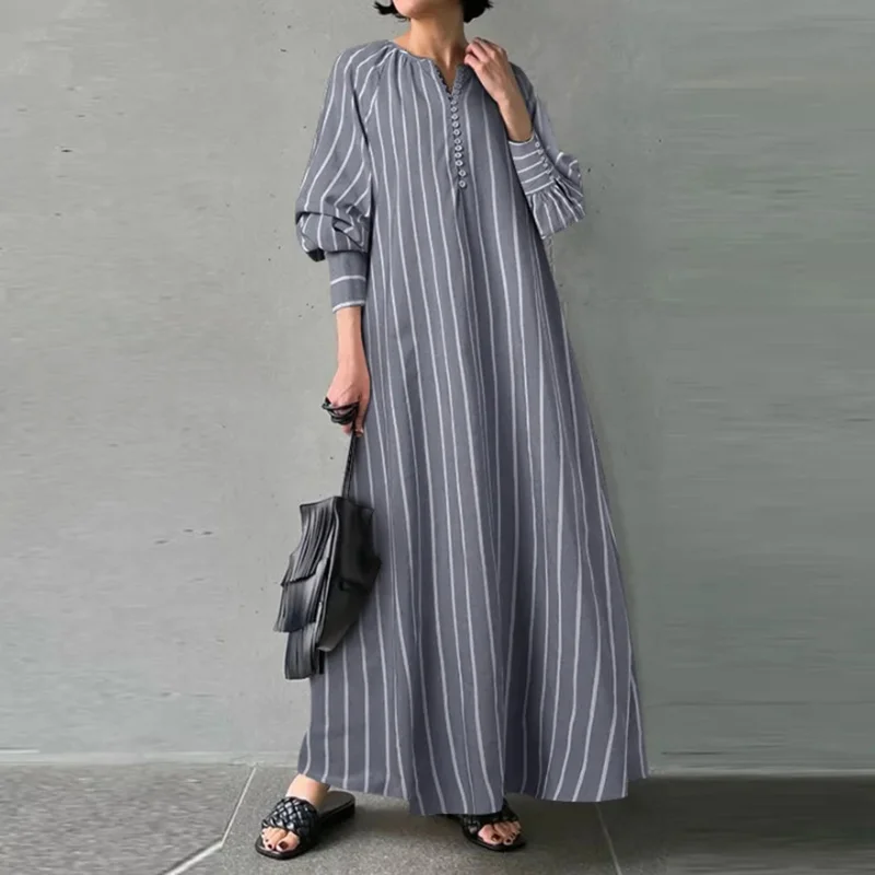 Vintage Stripes V Neck Long Sleeve Maxi Dress
