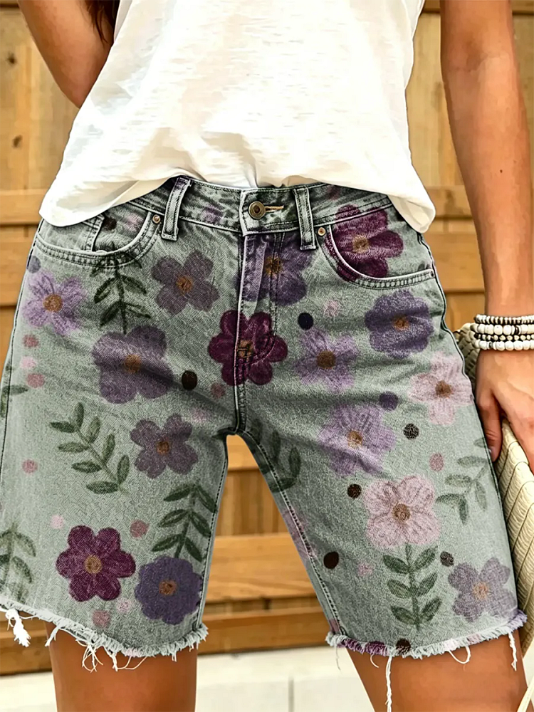 Women's Vintage Floral Art Print Casual Washed Cotton Denim Shorts
