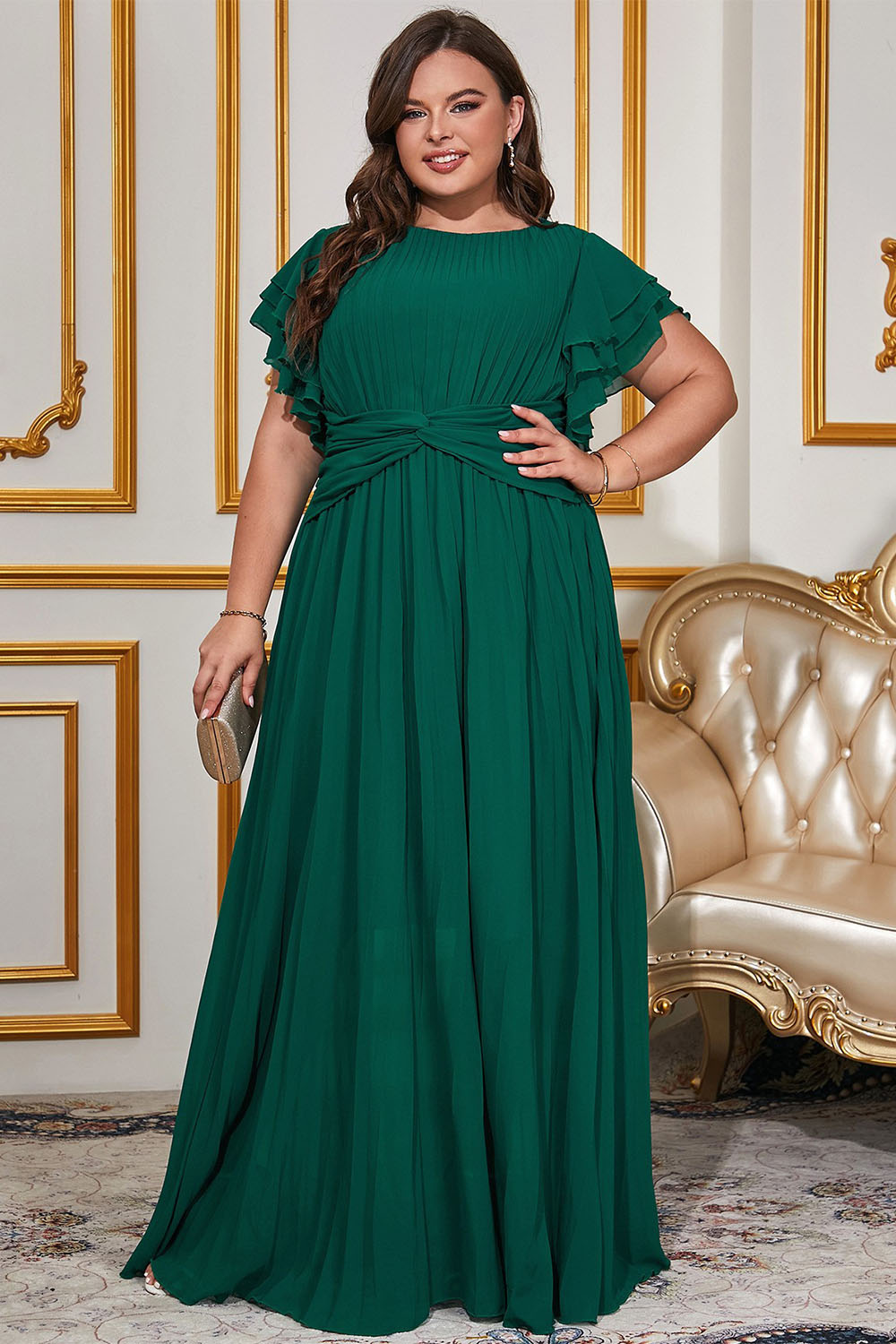 Plus Size Formal Dark Green Chiffon Layered Flutter Sleeve Pleated Maxi Dress 2024 - Flycurvy 