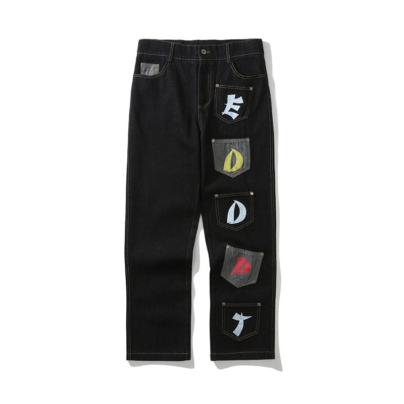 Retro Streetwear Letter Pocket Stitching Jeans Men and Women Straight Oversize Ripped Washed Denim Trousers Hip Hop Loose Pants