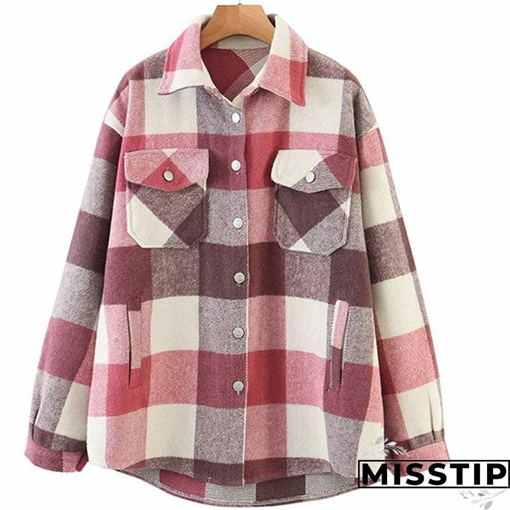 Classic Thick Colorblock Checked Button Down Shirt Jacket Woolen
